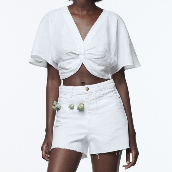 ZARA White Cropped Tie Front Blouse - Picture 4 of 9